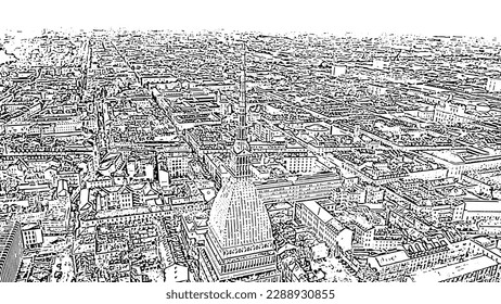 Turin, Italy. Flight over the city. Mole Antonelliana - a 19th-century building with a 121 m high dome and a spire. Doodle sketch style. Aerial view