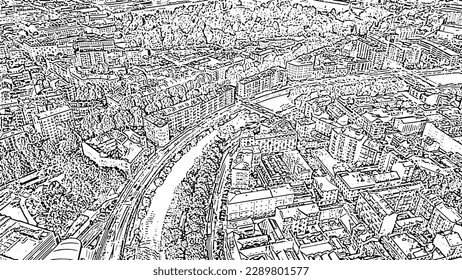 Turin, Italy. Flight over the city. Historical center, top view. Doodle sketch style. Aerial view