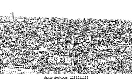 Turin, Italy. Flight over the city. Historical center, top view. Doodle sketch style. Aerial view