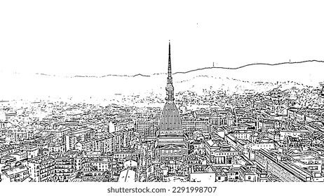 Turin, Italy. Flight over the city. Mole Antonelliana - a 19th-century building with a 121 m high dome and a spire. Doodle sketch style. Aerial view