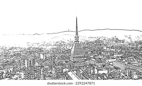 Turin, Italy. Flight over the city. Mole Antonelliana - a 19th-century building with a 121 m high dome and a spire. Doodle sketch style. Aerial view