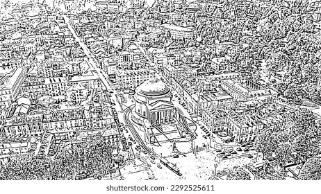 Turin, Italy. Flight over the city. Catholic Parish Church Gran Madre Di Dio. Doodle sketch style. Aerial view