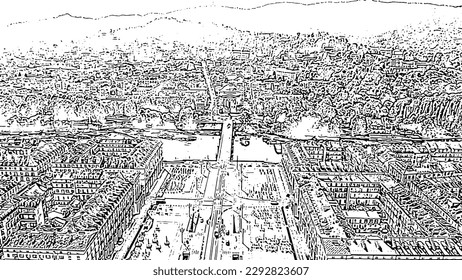 Turin, Italy. Flight over the city. Vittorio Veneto Square. Doodle sketch style. Aerial view