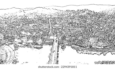 Turin, Italy. Flight over the city. Catholic Parish Church Gran Madre Di Dio. Bridge Vittorio Emanuele I. Doodle sketch style. Aerial view