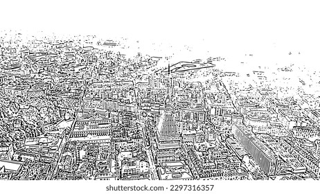 Turin, Italy. Flight over the city. Mole Antonelliana - a 19th-century building with a 121 m high dome and a spire. Doodle sketch style. Aerial view