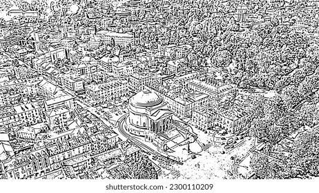 Turin, Italy. Flight over the city. Catholic Parish Church Gran Madre Di Dio. Doodle sketch style. Aerial view