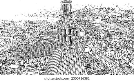 Turin, Italy. Flight over the city. Mole Antonelliana - a 19th-century building with a 121 m high dome and a spire. Doodle sketch style. Aerial view