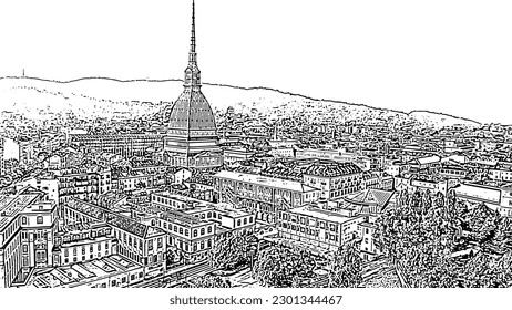 Turin, Italy. Flight over the city. Mole Antonelliana - a 19th-century building with a 121 m high dome and a spire. Doodle sketch style. Aerial view