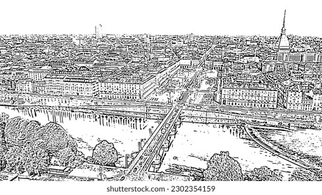 Turin, Italy. Flight over the city. Bridge Vittorio Emanuele I. Vittorio Veneto Square. Doodle sketch style. Aerial view