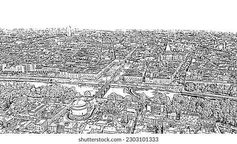 Turin, Italy. Flight over the city. Catholic Parish Church Gran Madre Di Dio. Bridge Vittorio Emanuele I. Doodle sketch style. Aerial view