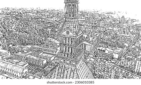 Turin, Italy. Flight over the city. Mole Antonelliana - a 19th-century building with a 121 m high dome and a spire. Doodle sketch style. Aerial view