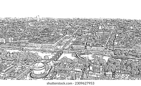 Turin, Italy. Flight over the city. Catholic Parish Church Gran Madre Di Dio. Bridge Vittorio Emanuele I. Doodle sketch style. Aerial view