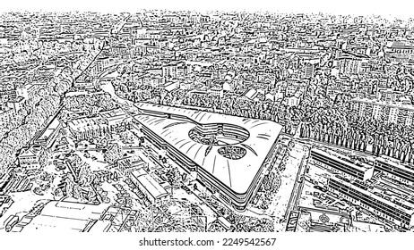 Turin, Italy - July 12, 2019: University of Turin - Campus Luigi Einaudi. Flight over the city. Top view. Doodle sketch style. Aerial view