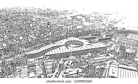 Turin, Italy - July 12, 2019: University of Turin - Campus Luigi Einaudi. Flight over the city. Top view. Doodle sketch style. Aerial view