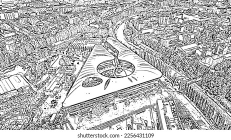 Turin, Italy - July 12, 2019: University of Turin - Campus Luigi Einaudi. Flight over the city. Top view. Doodle sketch style. Aerial view