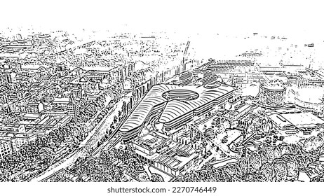 Turin, Italy - July 12, 2019: University of Turin - Campus Luigi Einaudi. Flight over the city. Top view. Doodle sketch style. Aerial view