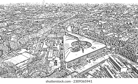 Turin, Italy - July 12, 2019: University of Turin - Campus Luigi Einaudi. Flight over the city. Top view. Doodle sketch style. Aerial view