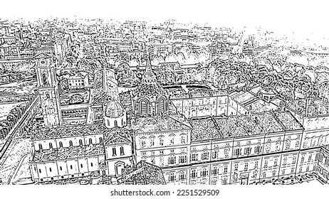 Turin, Italy. Royal Palace in Turin. Flight over the city. Historical center, top view. Doodle sketch style. Aerial view
