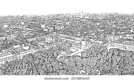 Turin, Italy. Royal Palace in Turin. Flight over the city. Historical center, top view. Doodle sketch style. Aerial view