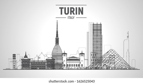 Turin, Italy skyline line skyline at white. Vector Illustration. Business travel and tourism concept with modern buildings. Image for banner or web site