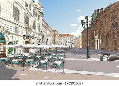 Turin. Italy. Street cafe. Hand drawn sketch. Vector illustration.