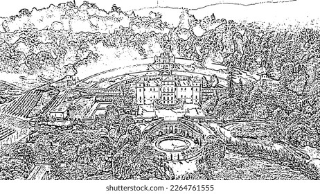 Turin, Italy. Villa della Regina with park. Doodle sketch style. Aerial view