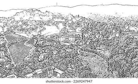 Turin, Italy. Villa della Regina with park. Doodle sketch style. Aerial view