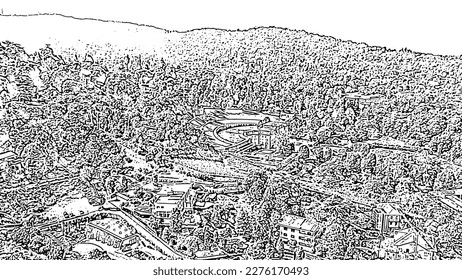 Turin, Italy. Villa della Regina with park. Doodle sketch style. Aerial view