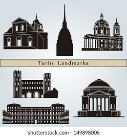 Turin landmarks and monuments isolated on blue background in editable vector file