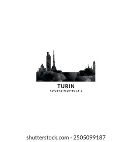 Turin panorama, vector badge, skyline logo and icon. Italy city horizon logotype with landmarks and building silhouettes. Isolated foggy abstract gradient graphic