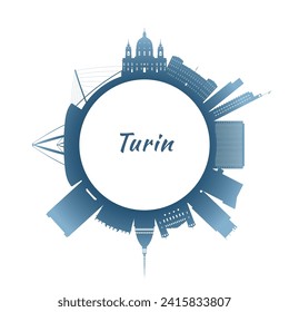 Turin skyline with colorful buildings. Circular style. Stock vector illustration.