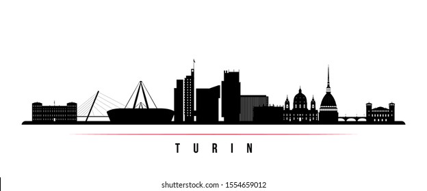 Turin skyline horizontal banner. Black and white silhouette of Buenos Turin, Italy. Vector template for your design. 