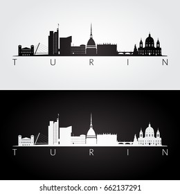 Turin skyline and landmarks silhouette, black and white design, vector illustration. 