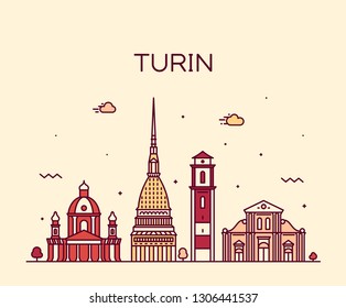 Turin skyline, Northern Italy. Trendy vector illustration, linear style