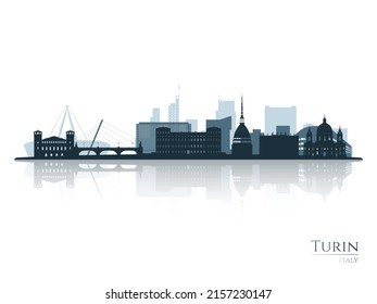 Turin skyline silhouette with reflection. Landscape Turin, Italy. Vector illustration.