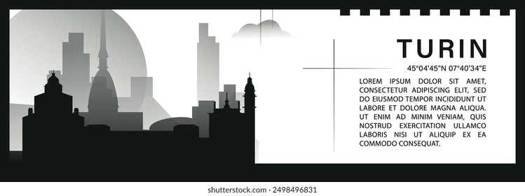 Turin skyline vector banner infographic, black and white minimalistic cityscape silhouette. Italy city horizontal graphic, travel, monochrome layout for website