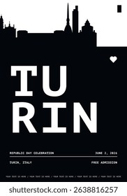 Turin typography minimalist vector poster for national event, public holiday, independence day, summer festival layout. Brochure, leaflet, flyer, presentation image template for Italy