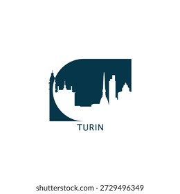 Turin vector icon with skyline, panoramic view, city shape. Italy Piedmont area landmarks logo concept. Blue flat isolated graphic, badge
