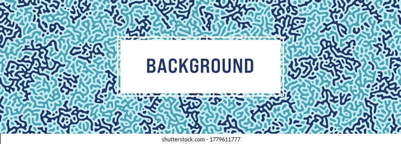 Fondo giratorio, textura líquida orgánica. Patrón con formas de tinta fluida, color azul turquesa oscuro. Fondo panorámico, plantilla de gráfico panorámico. Ilustración vectorial. Estilo Memphis, diseño de paquetes