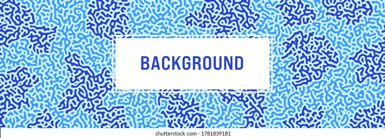 Turing background, organic liquid texture. Pattern with fluid ink shapes, aqua blue color. Widescreen backdrop, panorama graphic template. Vector illustration. Memphis style, package design