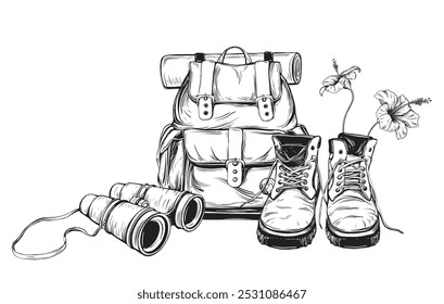 Turist composition of Backpack and binocular, Hiking boots and hibiscus Flowers vector illustration in linear drawing style. Hand drawn sketch of travel bag for adventure or camping on isolated.