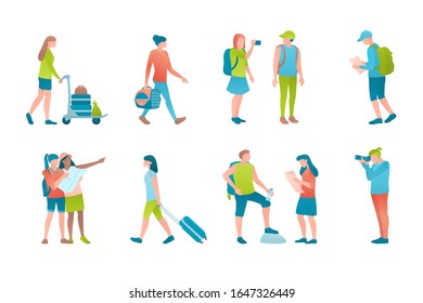 Turists at vector flat illustration set. Travellers at the airport are photo shooting, carrying luggage and holding the travel map. Concept set of globetrotter people on a white background.