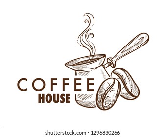 Turk and arabica beans coffee house isolated icon vector cafe or cafeteria with hot beverages steam and brewing container energetic drink bar emblem or logo americano or cappuccino latte and mocha.