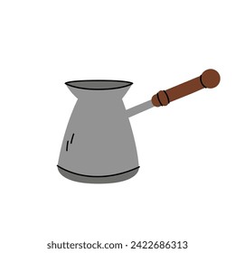 Turk for brewing coffee. Coffeepot doodle vector illustration. Making fresh breakfast beverage. Cute doodle design element. Simple hand drawn object. 