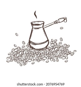 Turk for brewing coffee on the background of beans.