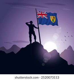 Turk and Caicos Flag hoisted on a mountain peak with a purplish sunset in the background, vector illustration