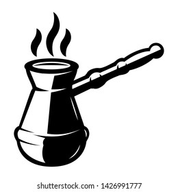 Turk for coffee brewing isolated on white. Design element for logo, label, sign, poster, flyer. Vector illustration