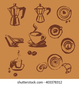 Turk coffee cup of coffee with coffee beans donut, cinnamon stick, vector, geyser coffee, cocoa