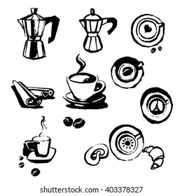 Turk coffee cup of coffee with coffee beans donut, cinnamon stick, vector, geyser coffee, cocoa