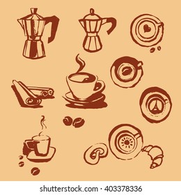 Turk coffee cup of coffee with coffee beans donut, cinnamon stick, vector, geyser coffee, cocoa